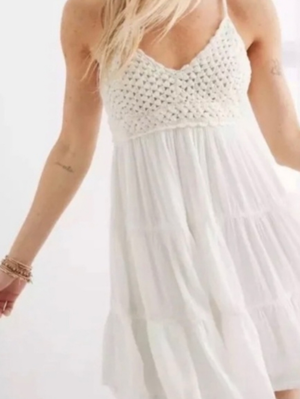 Aerie White Crochet Bodice Tiered Sundress Size S Babydoll Cottage Beach Boho